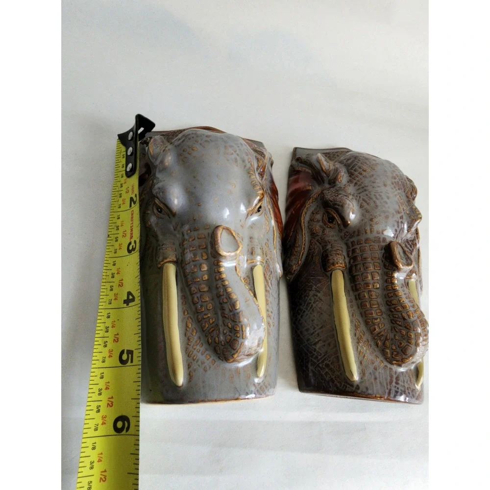 Vintage Ceramic Elephant Head Wall Pocket Planter Set Grey Brown Drip Glaze 6in